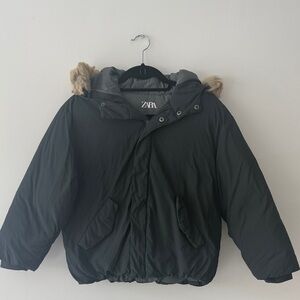 Zara Girls Dark Gray Puffer Coat with Faux Fur Hood